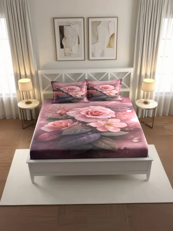 Pink_Floral_Print_Fitted_King_Size_Bedsheet_With_Pillow_Covers