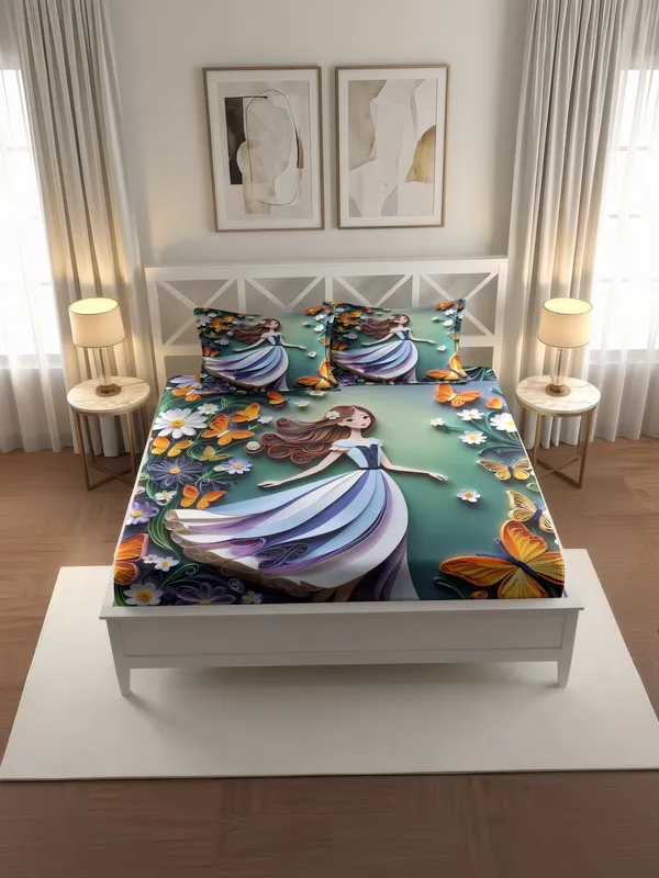 Turquoise_Floral_Butterfly_King_Size_Bedsheet_With_Pillow_Covers