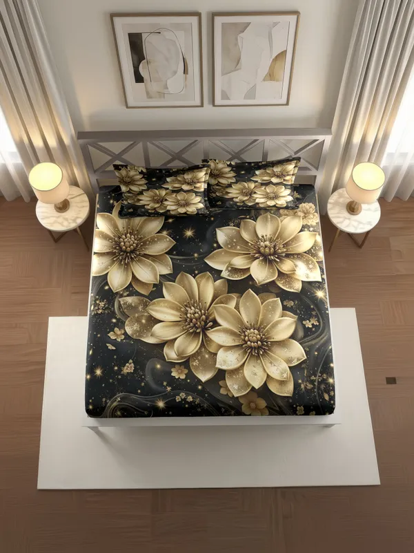 Golden_Floral_Black_King_Size_Bedsheet_With_2_Pillow_Covers