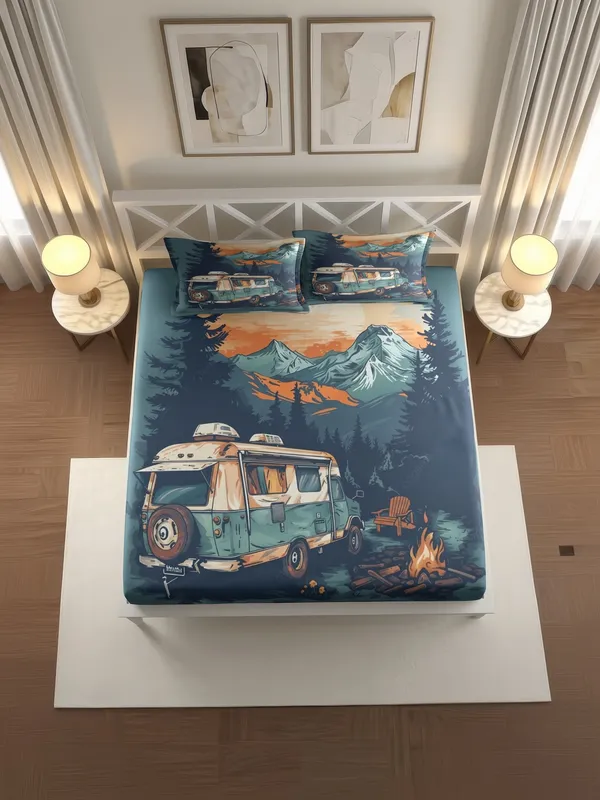 Blue_Camping_Van_Print_King_Size_Bedsheet_With_Pillow_Covers