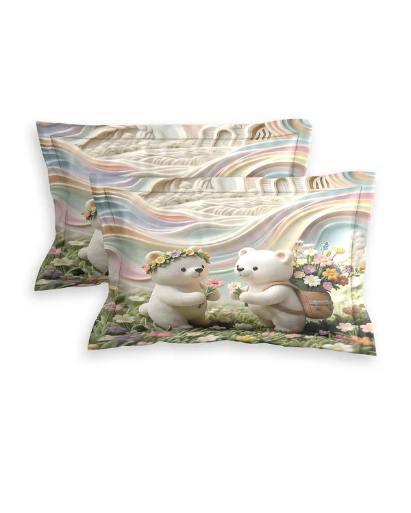 White_Floral_Teddy_Bear_Printed_King_Size_Bedsheet_Set
