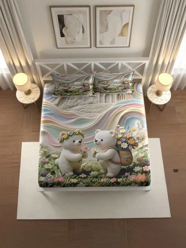 White_Floral_Teddy_Bear_Printed_King_Size_Bedsheet_Set