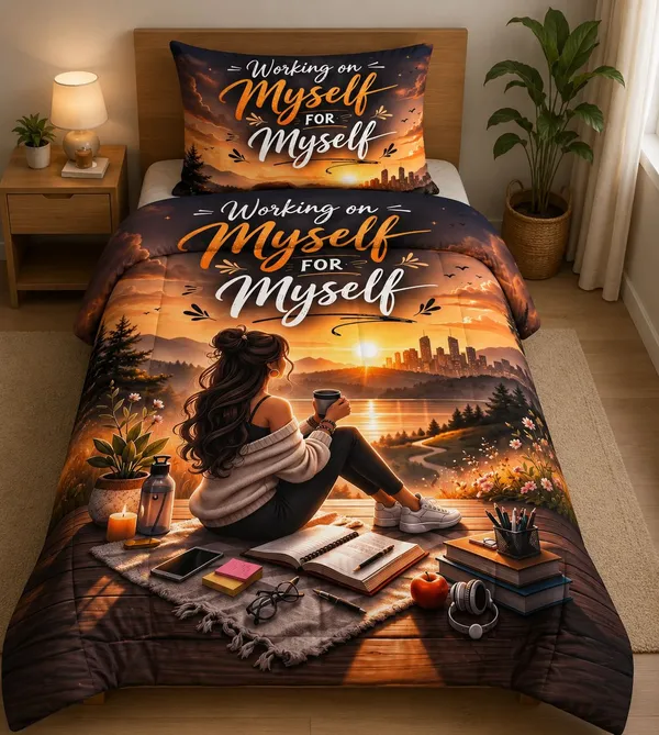 Working_On_Myself_For_Myself_Printed_Bedsheet_With_Pillow_Cover