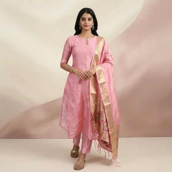 Pink_Chanderi_Silk_Kurta_Set_With_Embroidered_Dupatta_For_Women