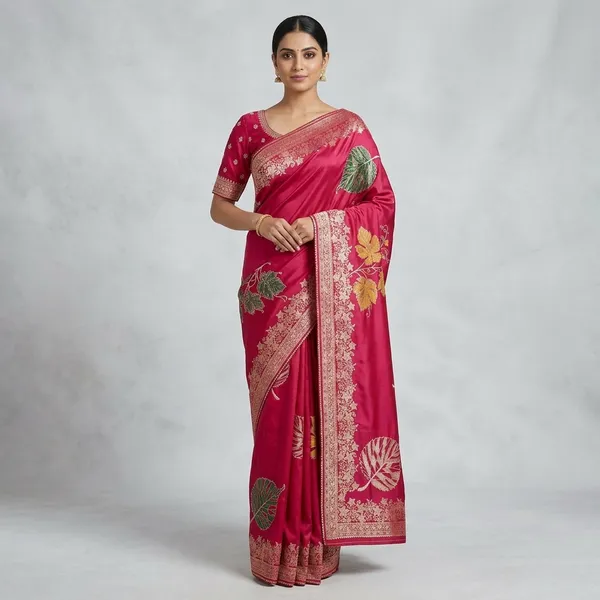 Pink_Silk_Leaf_Print_Saree_With_Embroidered_Blouse