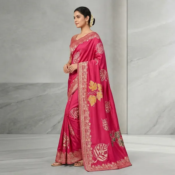 Pink_Silk_Leaf_Print_Saree_With_Embroidered_Blouse