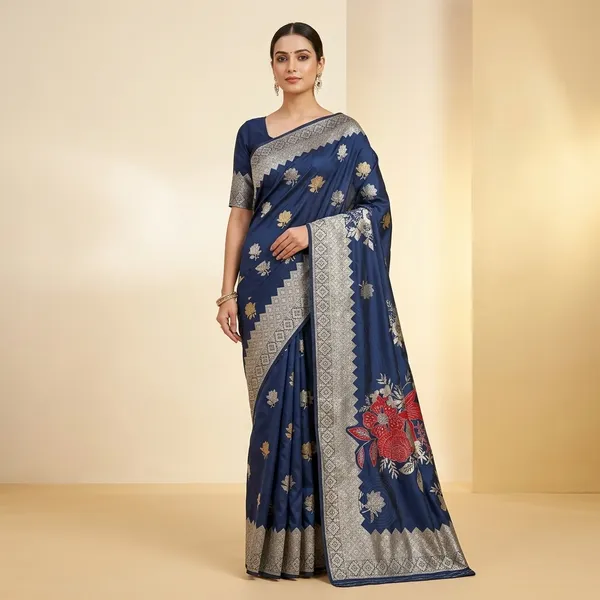 Navy_Blue_Banarasi_Silk_Floral_Embroidered_Saree