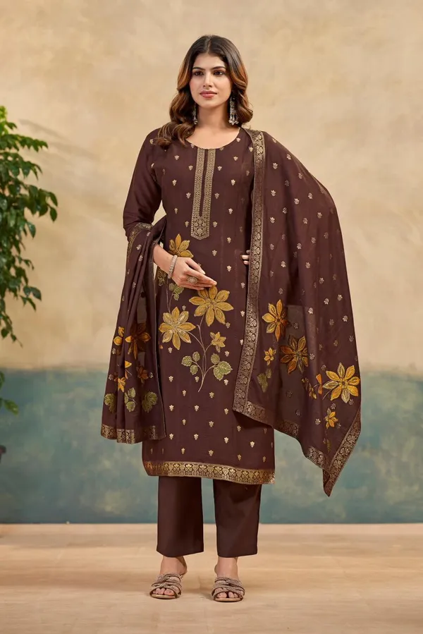 Brown_Embroidered_Viscose_Rayon_Kurta_Set_With_Dupatta_For_Women