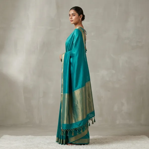 Teal_Silk_Saree_With_Gold_Border_For_Women