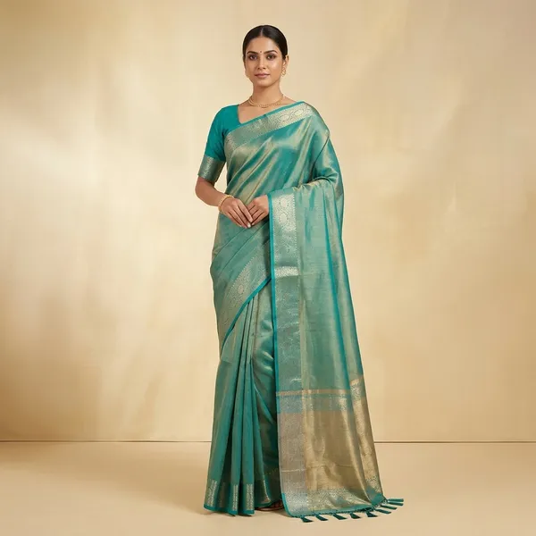 Teal_Silk_Saree_With_Gold_Border_For_Women