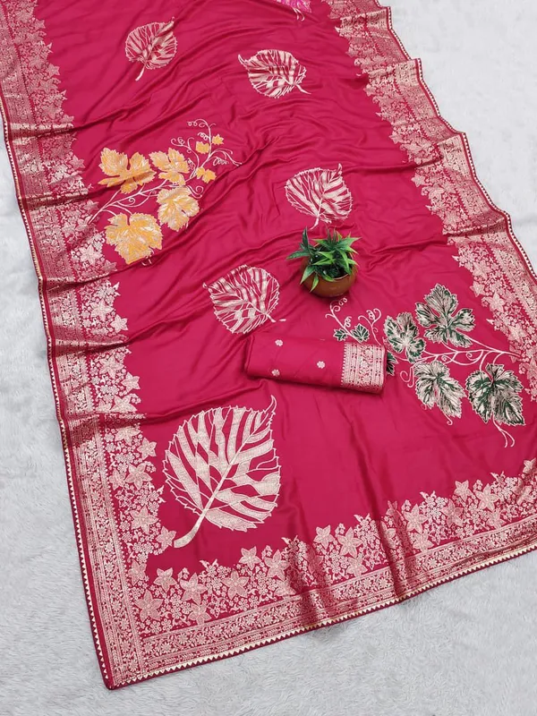Pink_Silk_Leaf_Print_Saree_With_Embroidered_Blouse