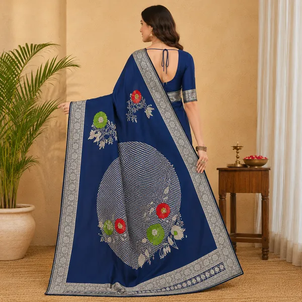 Navy_Blue_Checkered_Saree_With_Floral_Embroidery_For_Women