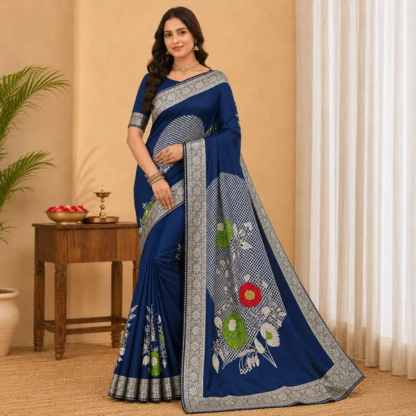 Navy_Blue_Checkered_Saree_With_Floral_Embroidery_For_Women
