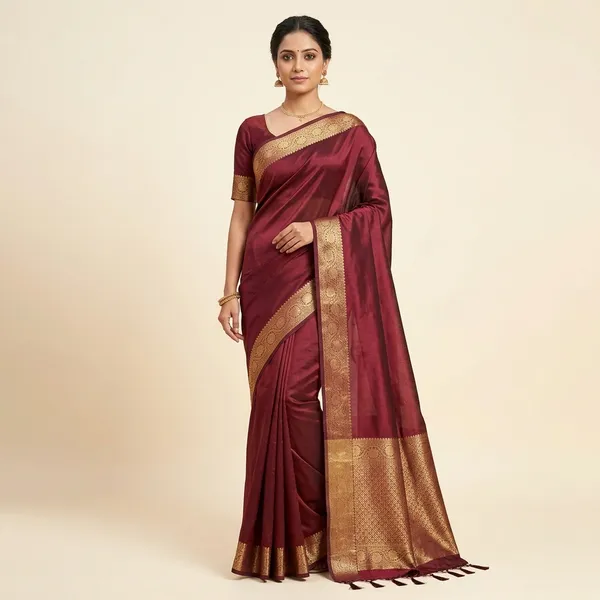 Maroon_Silk_Saree_With_Golden_Border_For_Women