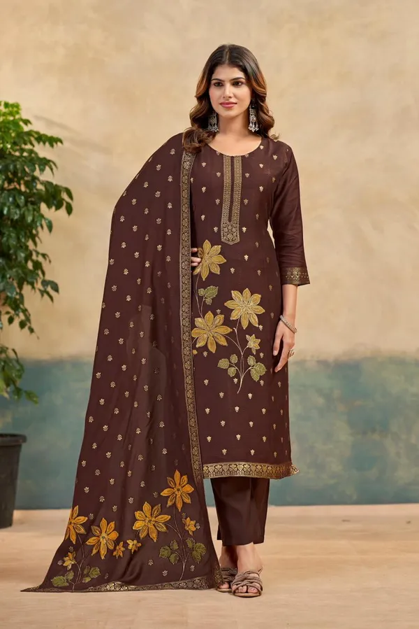 Brown_Embroidered_Viscose_Rayon_Kurta_Set_With_Dupatta_For_Women
