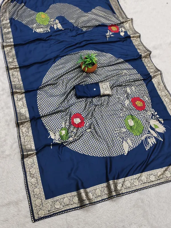 Navy_Blue_Checkered_Saree_With_Floral_Embroidery_For_Women