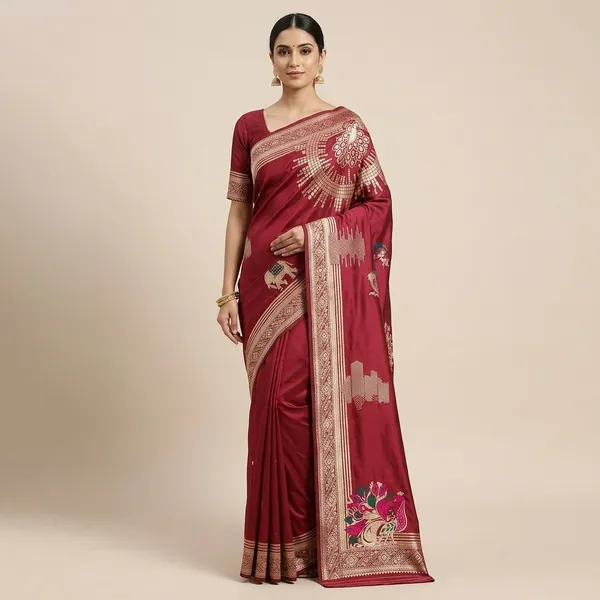 Maroon_Banarasi_Silk_Peacock_Motif_Saree_For_Women