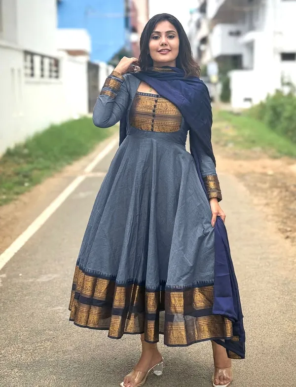 Navy_Blue_Silk_Anarkali_Suit_With_Golden_Border_For_Women