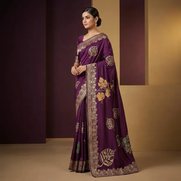 Purple_Banarasi_Silk_Saree_With_Golden_Leaf_Motifs