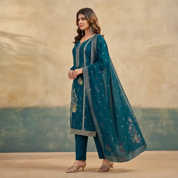 Teal_Blue_Embroidered_Viscose_Rayon_Kurta_Set_For_Women