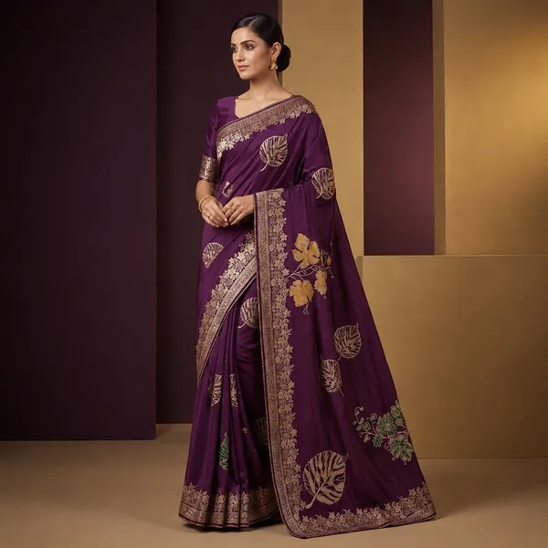 Purple_Banarasi_Silk_Saree_With_Golden_Leaf_Motifs