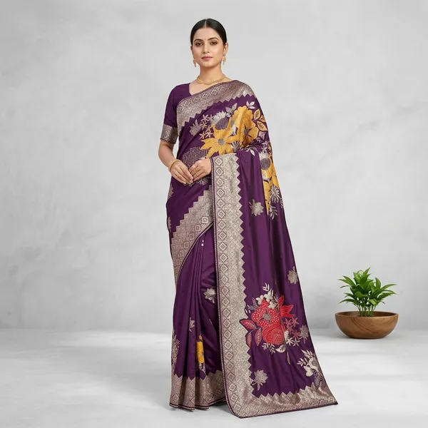 Purple_Banarasi_Silk_Floral_Embroidered_Saree_For_Women