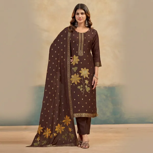Brown_Embroidered_Viscose_Rayon_Kurta_Set_With_Dupatta_For_Women