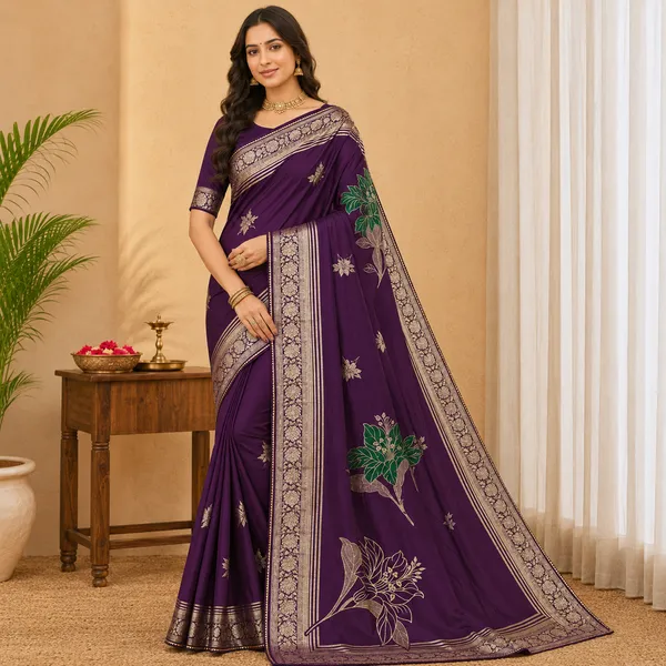 Purple_Banarasi_Silk_Saree_With_Golden_Floral_Motifs