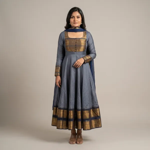 Navy_Blue_Silk_Anarkali_Suit_With_Golden_Border_For_Women