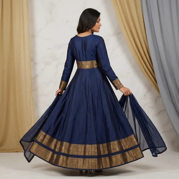 Navy_Blue_Silk_Anarkali_Suit_With_Golden_Border_For_Women