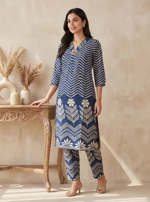 Navy_Blue_Cotton_Chevron_Print_Kurta_With_Pant_Set_For_Women