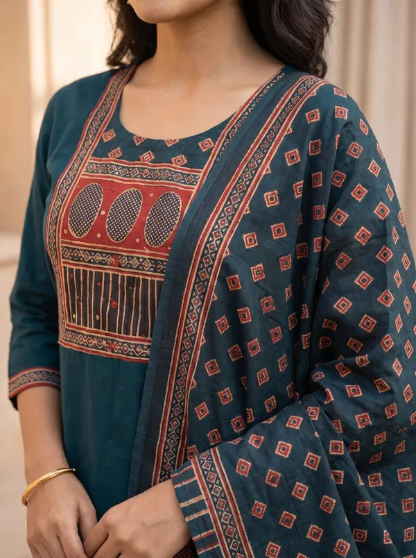 Teal_Blue_Cotton_Mirror_Work_Embroidered_Kurta_For_Women