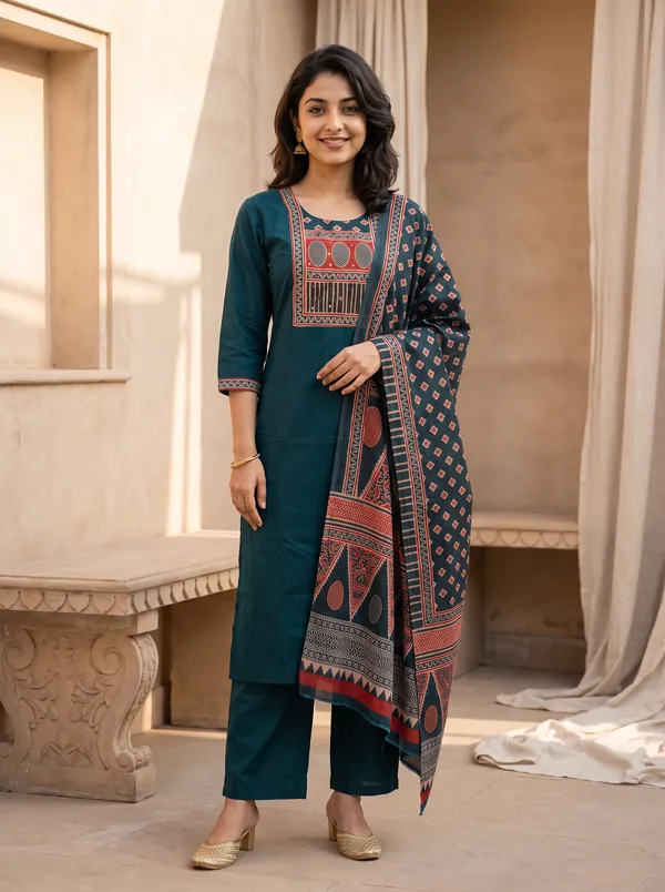 Teal_Blue_Cotton_Mirror_Work_Embroidered_Kurta_For_Women