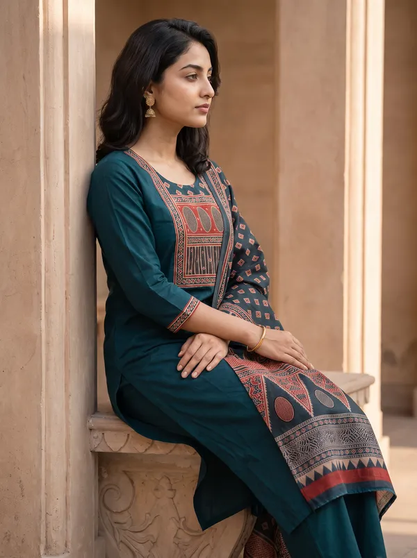 Teal_Blue_Cotton_Mirror_Work_Embroidered_Kurta_For_Women