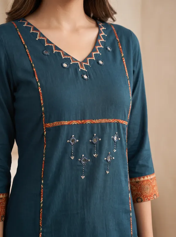 Peacock_Green_Cotton_Embroidered_Ajrakh_Print_Kurta_Dupatta_Set_For_Women