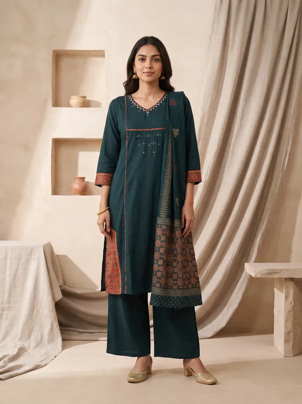 Peacock_Green_Cotton_Embroidered_Ajrakh_Print_Kurta_Dupatta_Set_For_Women