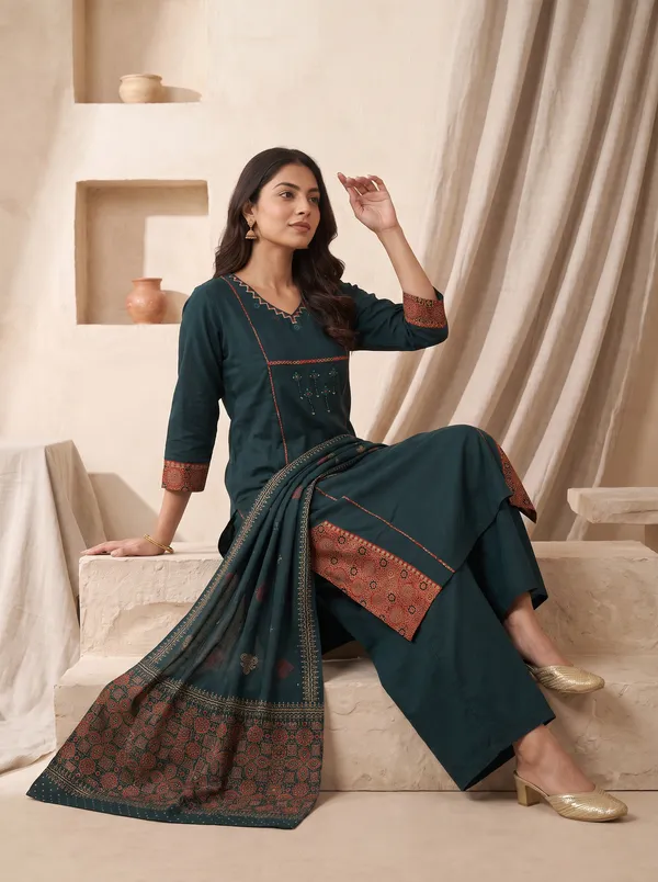 Peacock_Green_Cotton_Embroidered_Ajrakh_Print_Kurta_Dupatta_Set_For_Women