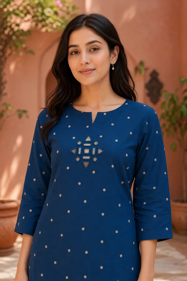 Women'S_Blue_Cotton_Printed_Straight_Kurta_With_Mirror_Embroidery