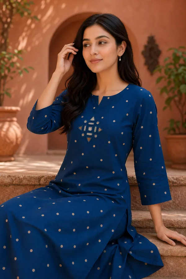Women'S_Blue_Cotton_Printed_Straight_Kurta_With_Mirror_Embroidery