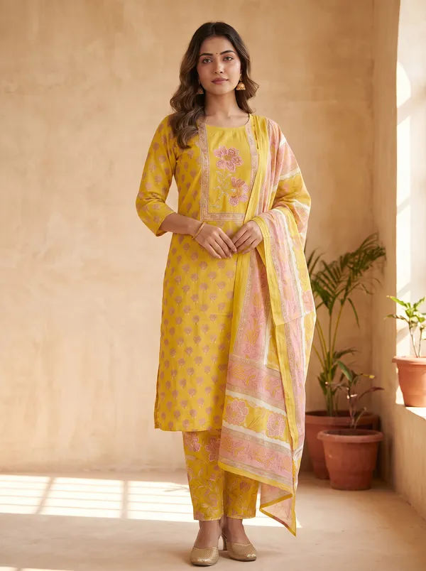 Yellow_Cotton_Floral_Print_Kurta_Dupatta_Set_For_Women