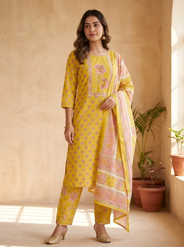 Yellow_Cotton_Floral_Print_Kurta_Dupatta_Set_For_Women