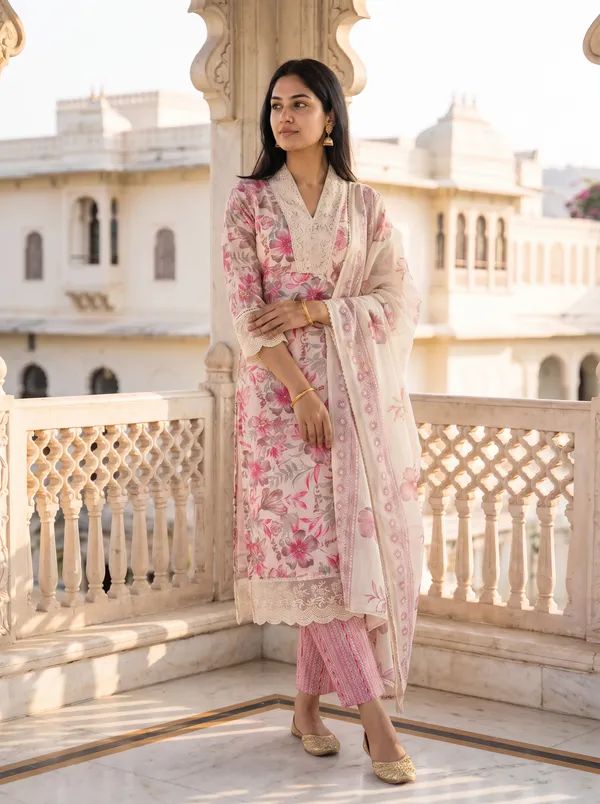 Floral_Print_Cotton_Kurta_With_Lace_Detailing_Set_For_Women