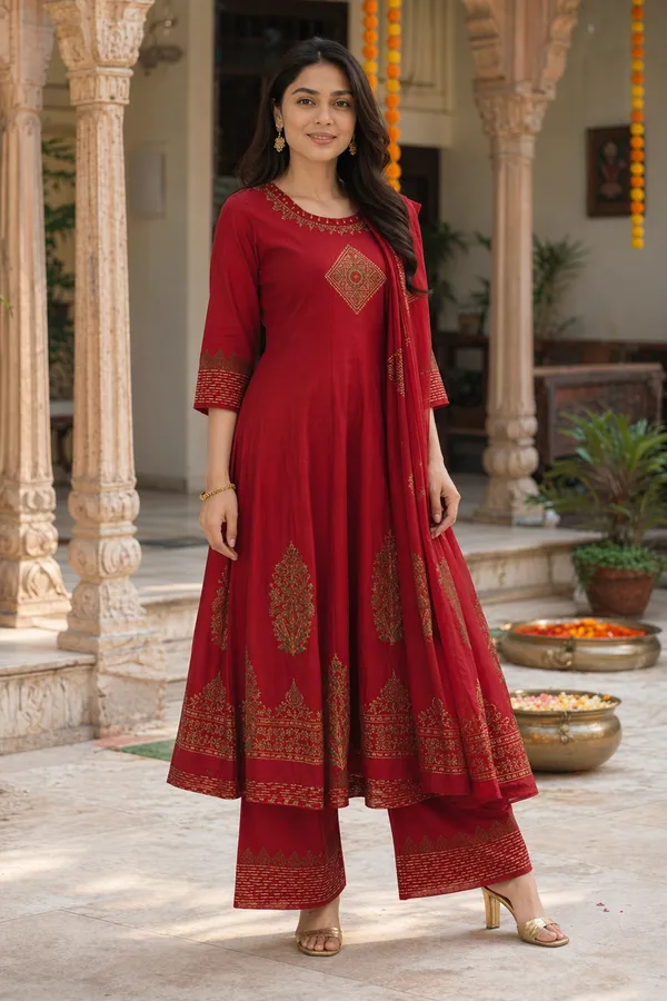 Light_Pink_And_Red_Cotton_Embroidered_Floral_Print_Kurta_With_Dupatta_For_Women_Pack_Of_2