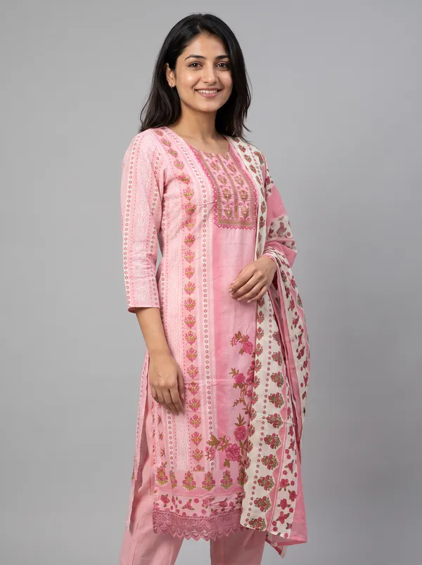 Light_Pink_And_Red_Cotton_Embroidered_Floral_Print_Kurta_With_Dupatta_For_Women_Pack_Of_2