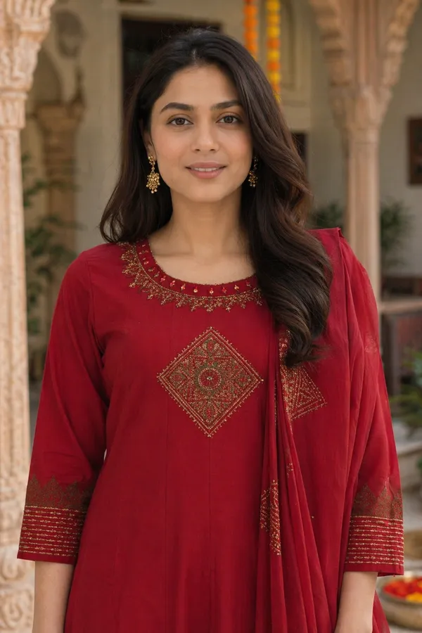 Light_Pink_And_Red_Cotton_Embroidered_Floral_Print_Kurta_With_Dupatta_For_Women_Pack_Of_2