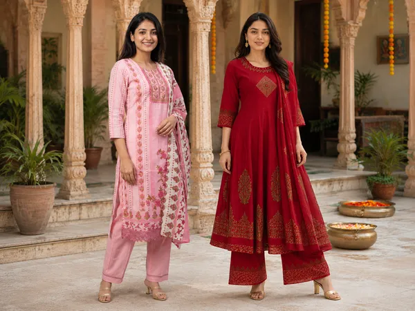 Light_Pink_And_Red_Cotton_Embroidered_Floral_Print_Kurta_With_Dupatta_For_Women_Pack_Of_2
