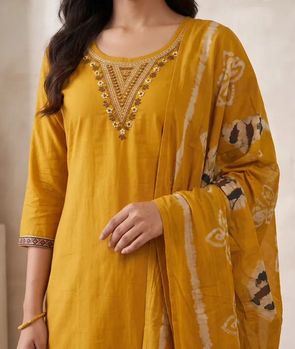 Mustard_Cotton_Embroidered_Straight_Kurta_With_Batik_Print_Dupatta_For_Women