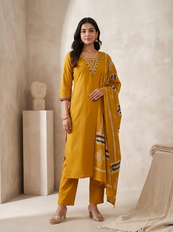 Mustard_Cotton_Embroidered_Straight_Kurta_With_Batik_Print_Dupatta_For_Women
