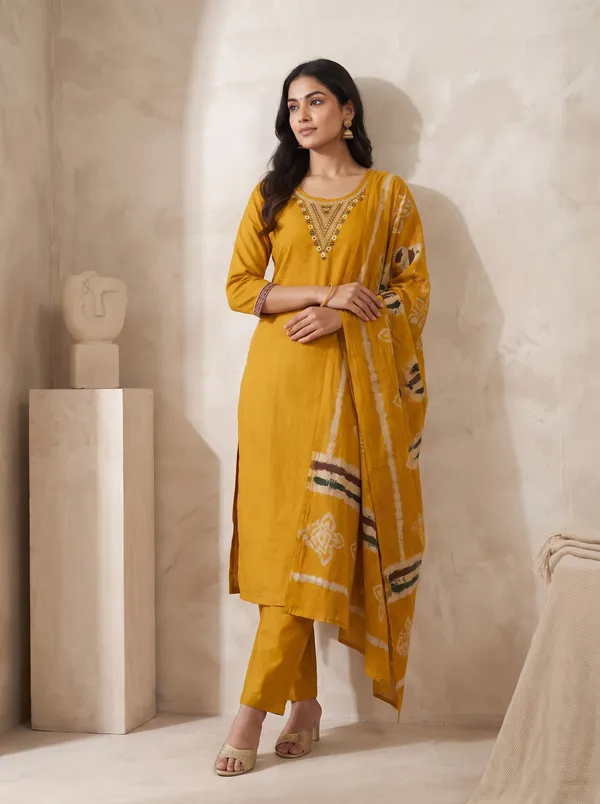 Mustard_Cotton_Embroidered_Straight_Kurta_With_Batik_Print_Dupatta_For_Women