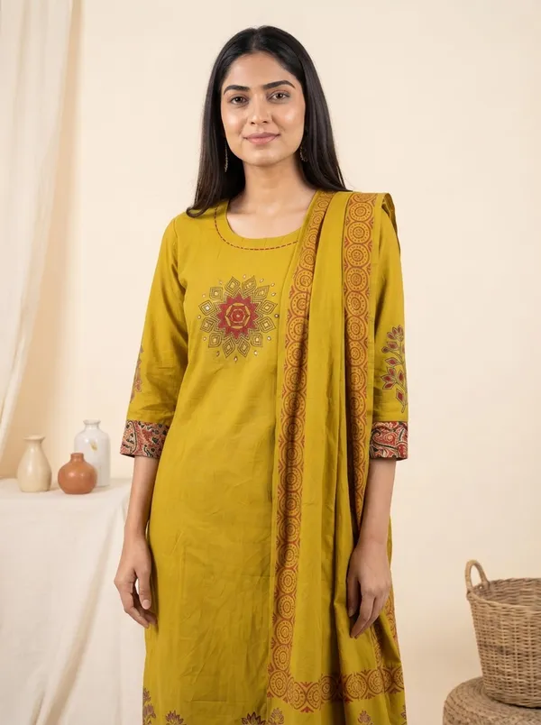 Mustard_And_Yellow_Cotton_Embroidered_Straight_Kurta_Set_For_Women_Pack_Of_2
